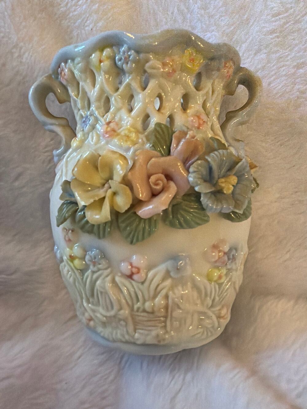 Vintage Porcelain Floral Vase Openwork Lattice Double Handle Pastel Flowers